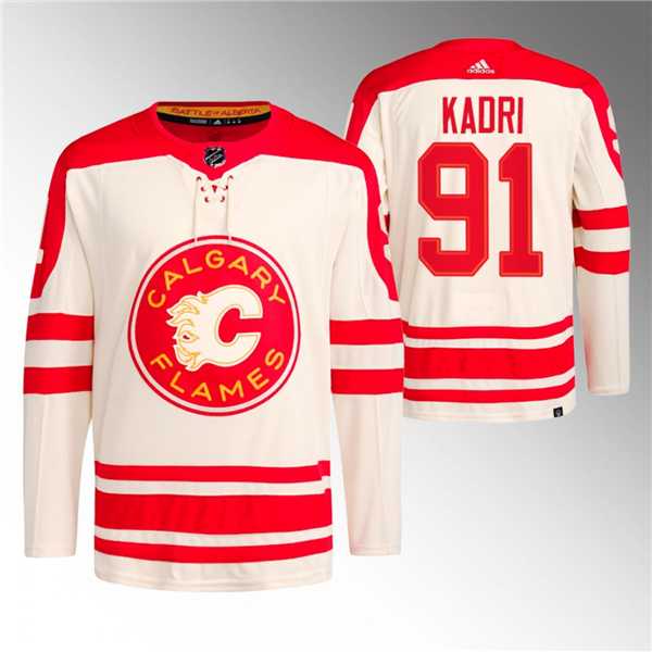 Mens Calgary Flames #91 Nazem Kadri 2023 Cream Classic Primegreen Stitched Jersey Dzhi